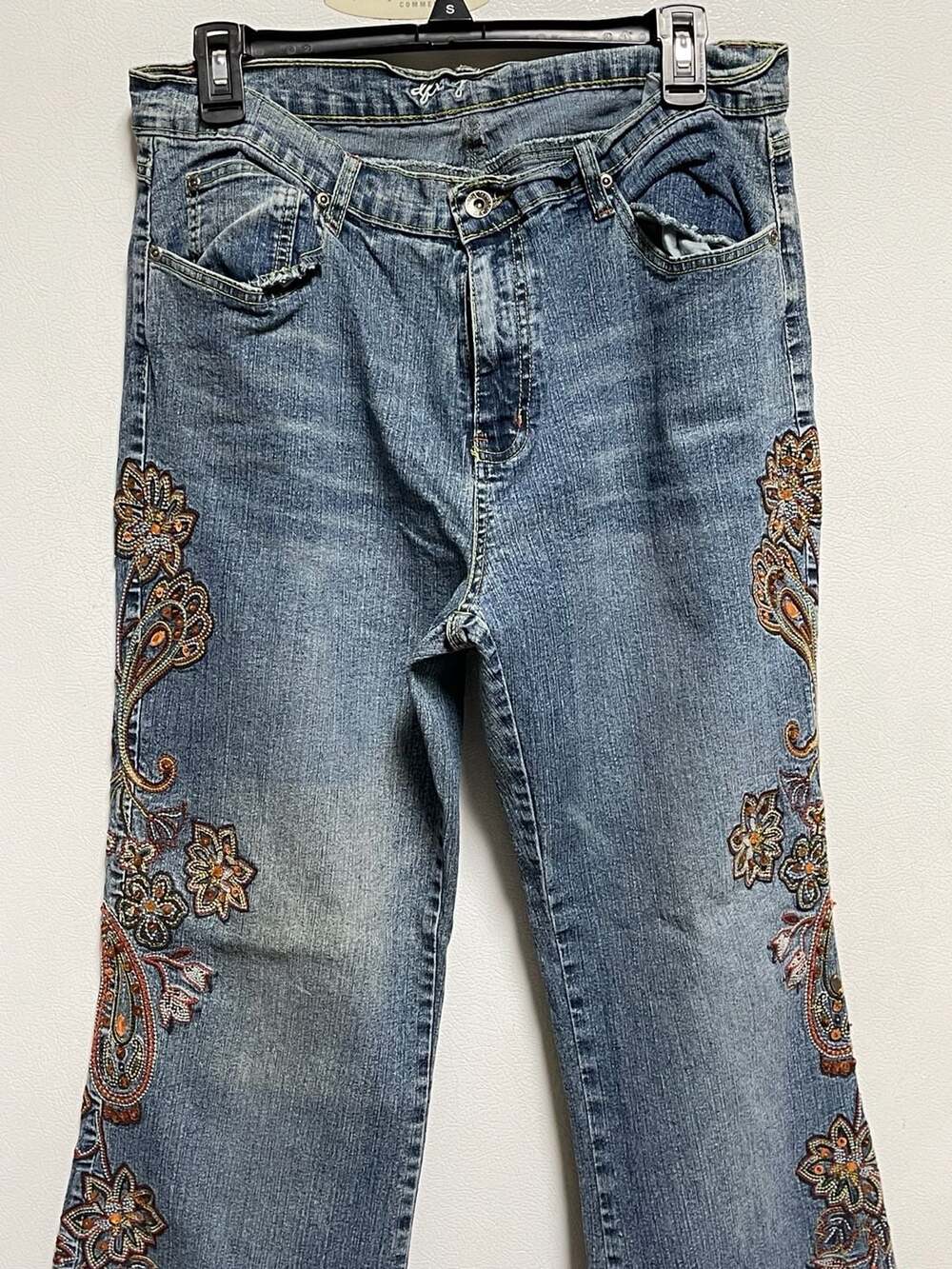 Vintage L&B Jeans Y2K Embroidered and Beaded Flare Leg Denim Pants Size 14